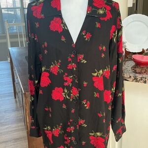 Vintage Women’s Rose Print Black Blouse Long Sleeve Button Up Size Medium